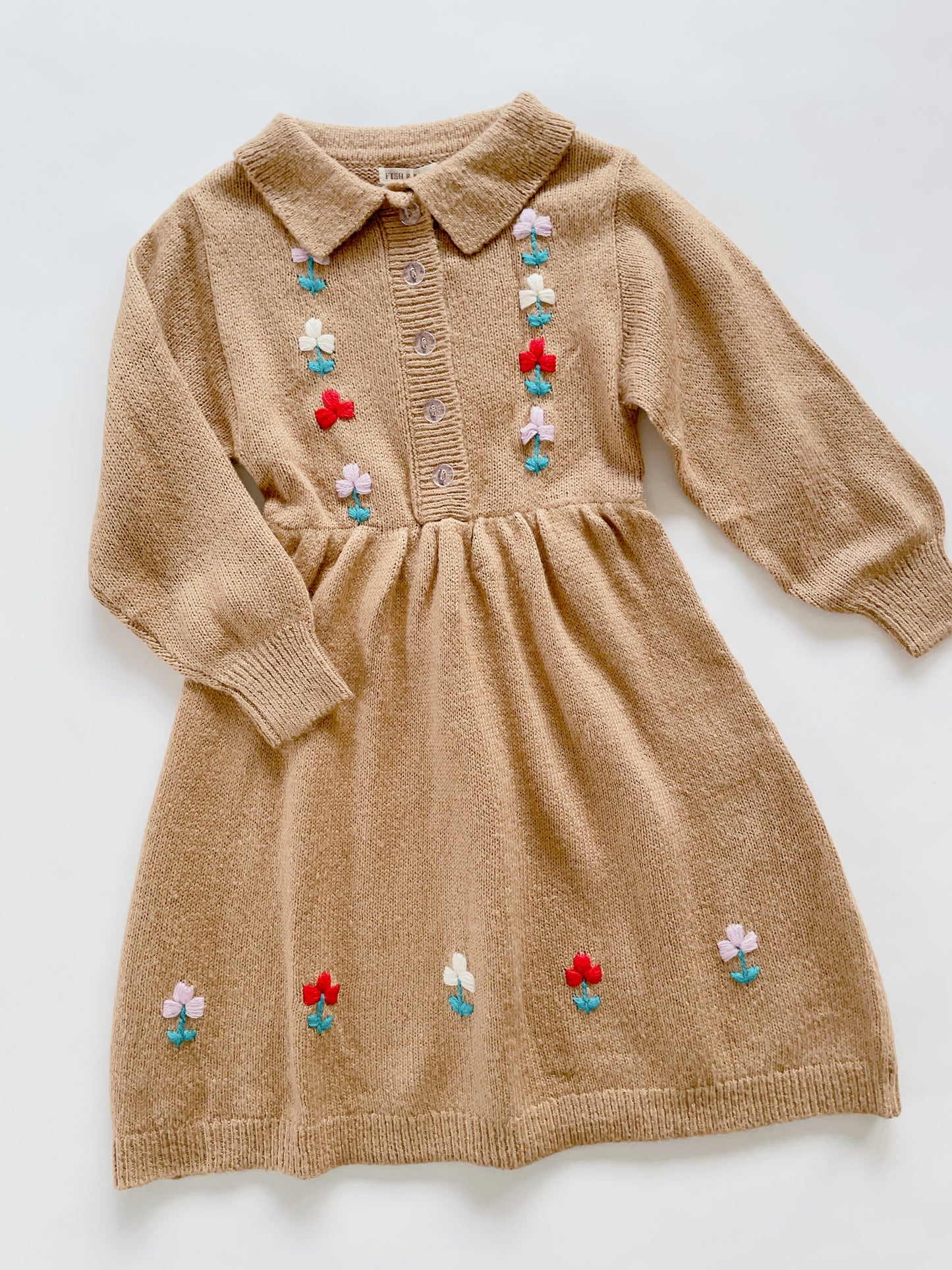 +FISH&KIDS+ Camel Dress with Embroidered Flowers and Buttons