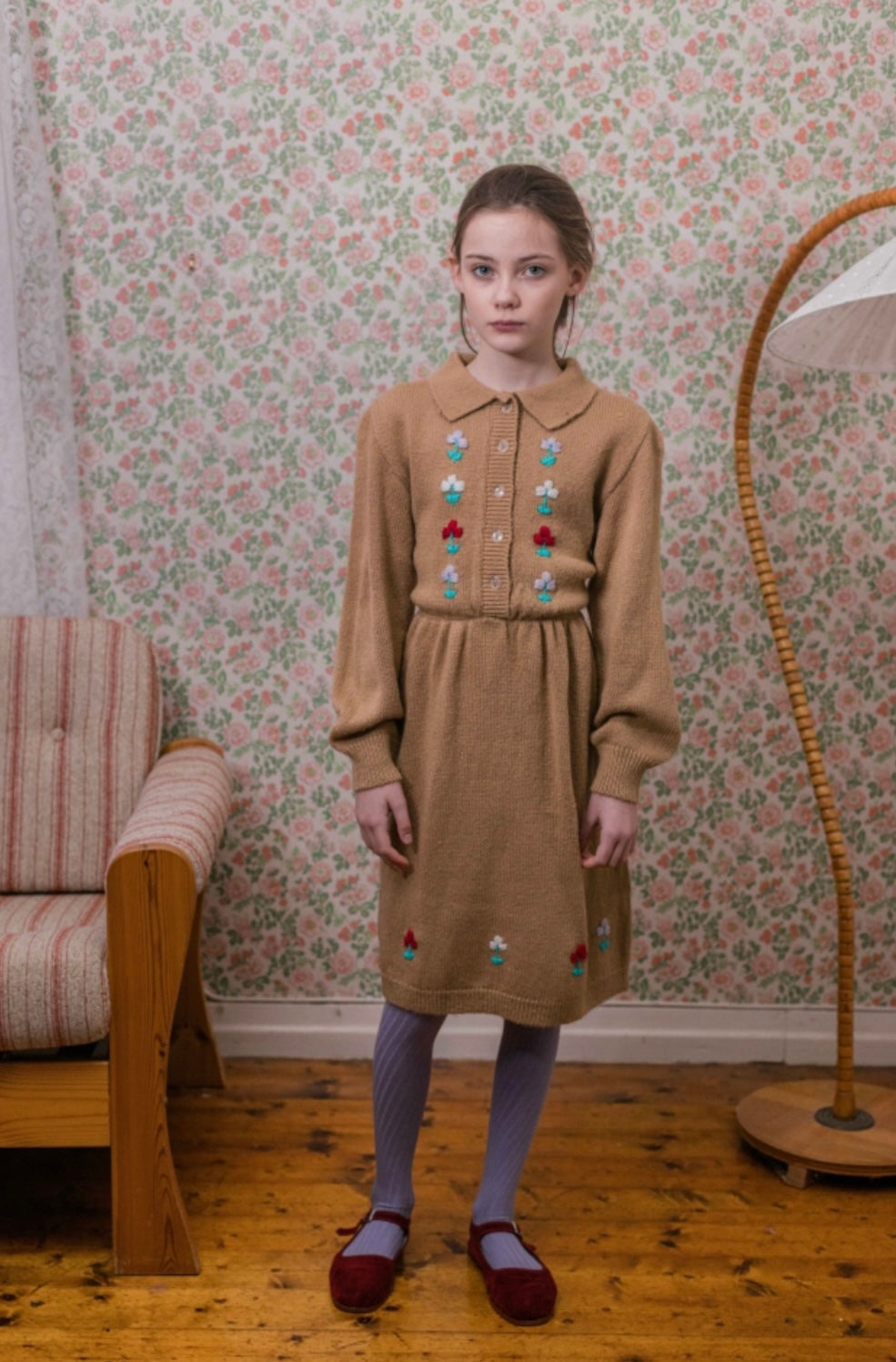 +FISH&KIDS+ Camel Dress with Embroidered Flowers and Buttons