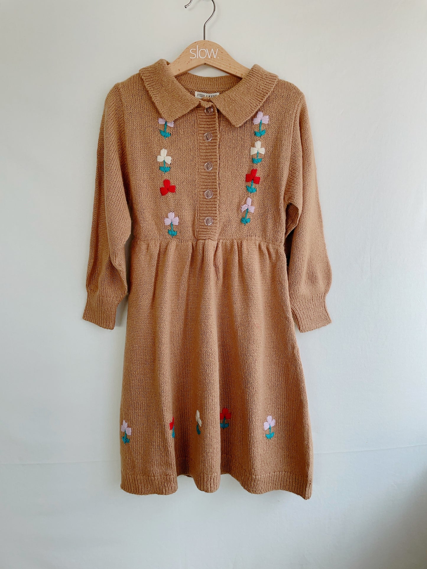 +FISH & KIDS+ Camel Dress with Embroidered Flowers and Buttons