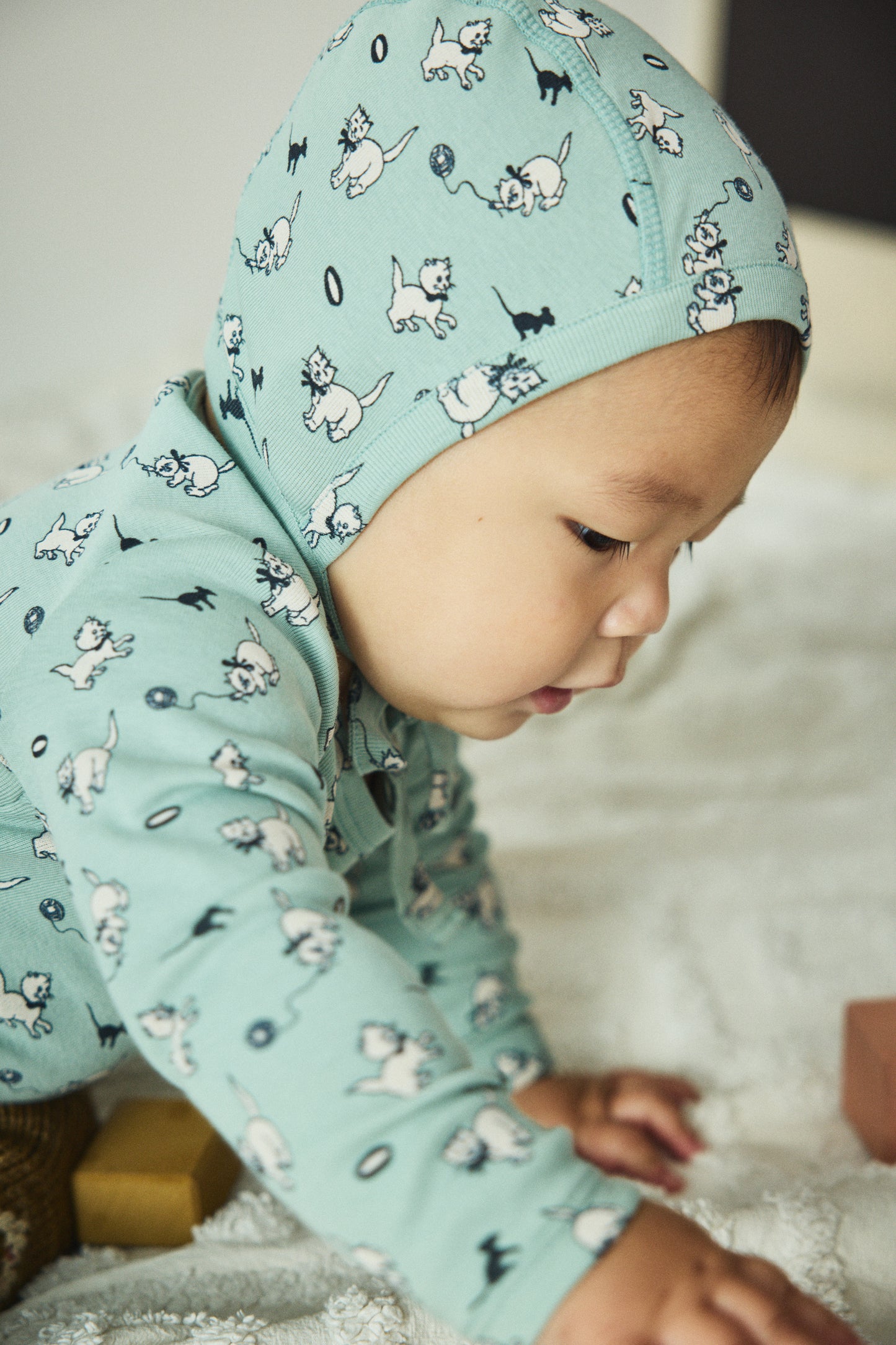 +Misha&Puff+ Baby Pima Bonnet - Sage Cat & Mouse