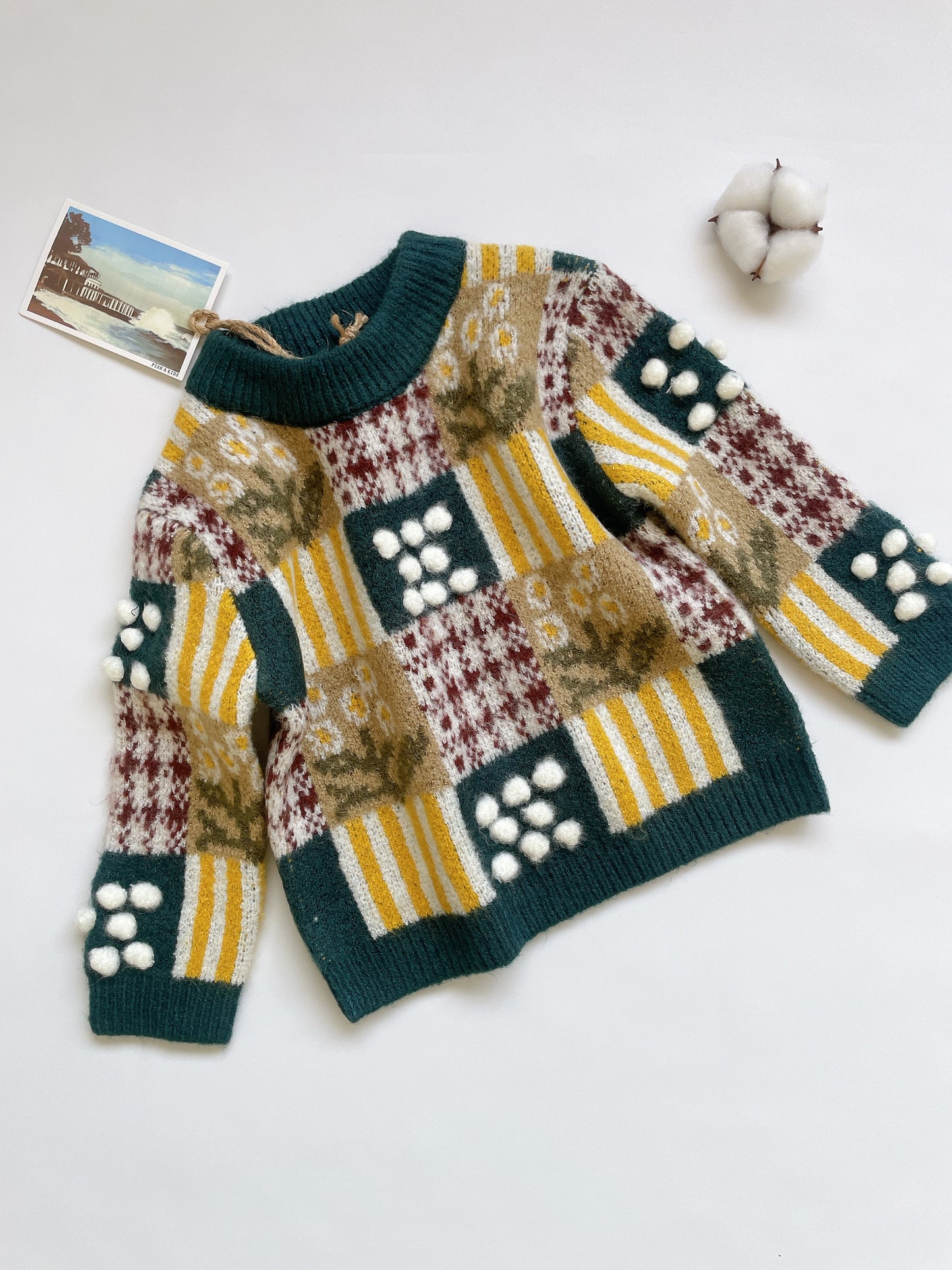 +FISH&KIDS+ FLOWERS AND POM POM PATCHWORK SWEATER