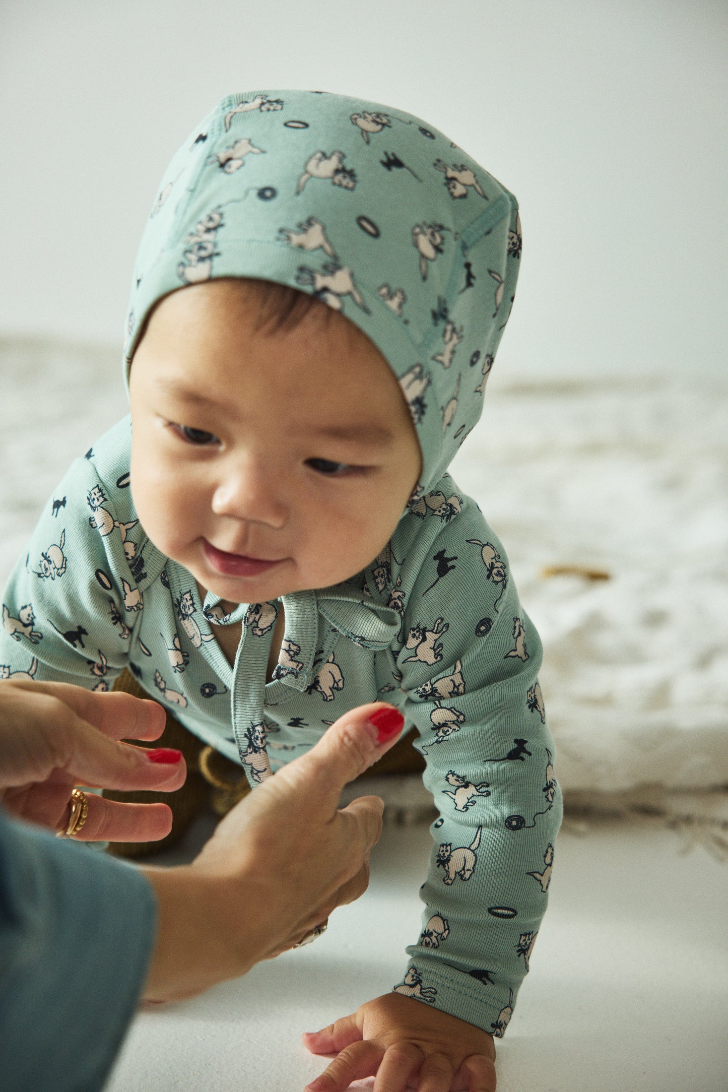 +Misha&Puff+ Baby Pima Bonnet - Sage Cat & Mouse