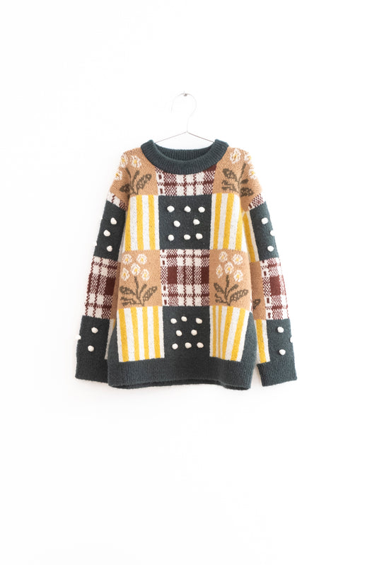 +FISH&KIDS+ FLOWERS AND POM POM PATCHWORK SWEATER