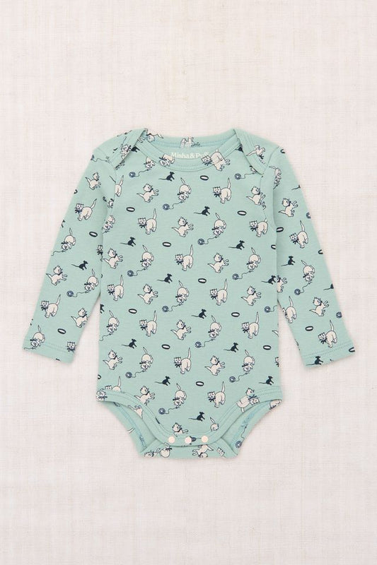 +Misha&Puff+ Baby Long Sleeve Lap Onesie - Sage Cat & Mouse