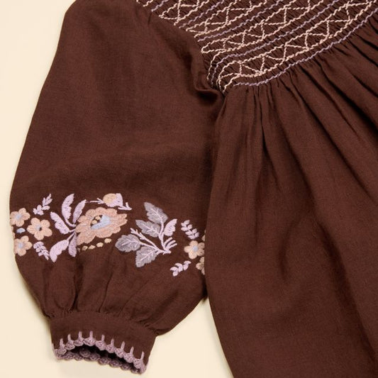 +Apolina+ NOEMIE EMBROIDERED DRESS | DARK CHOCOLATE